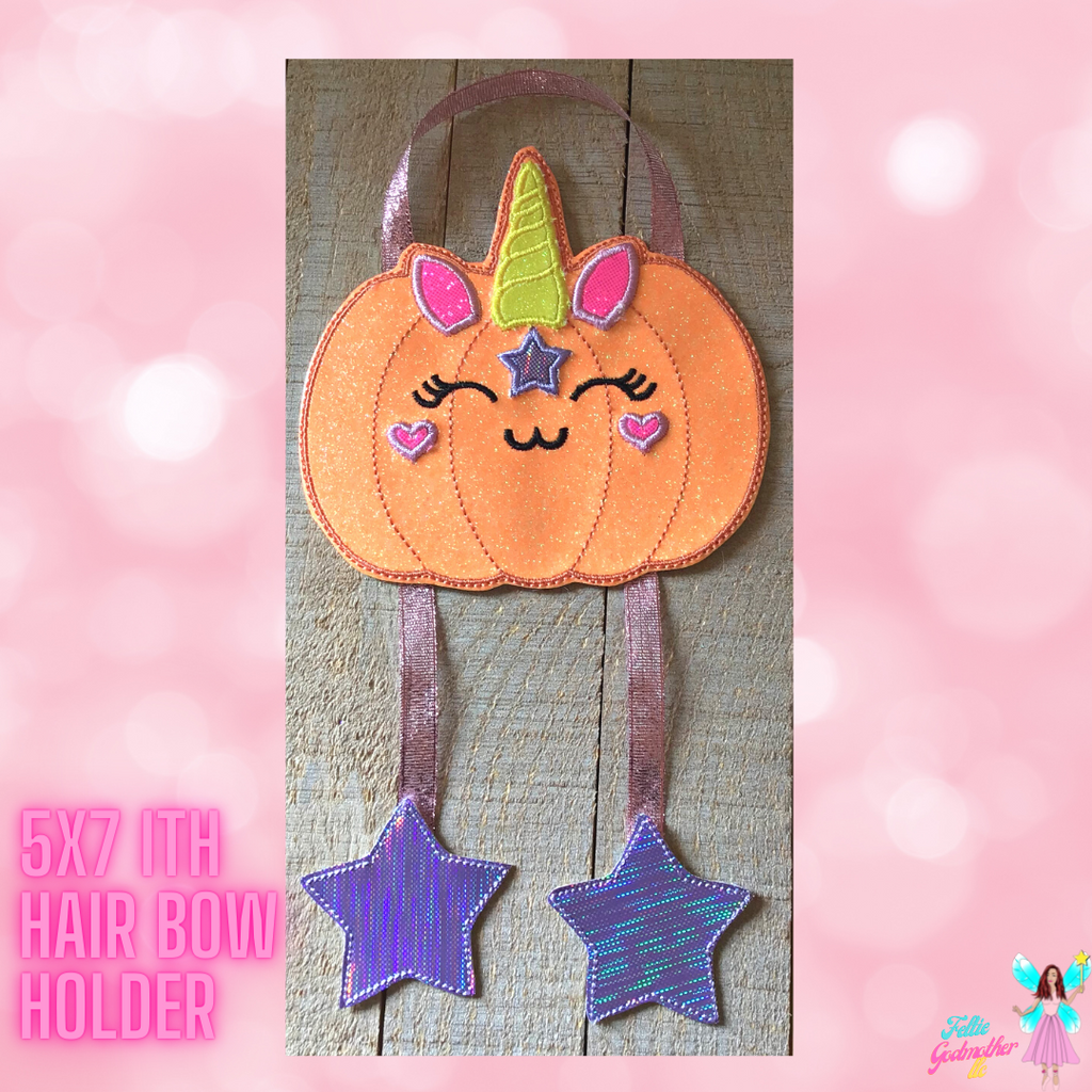 5x7 ITH Pumpkin Unicorn Bow Holder Machine Embroidery Design