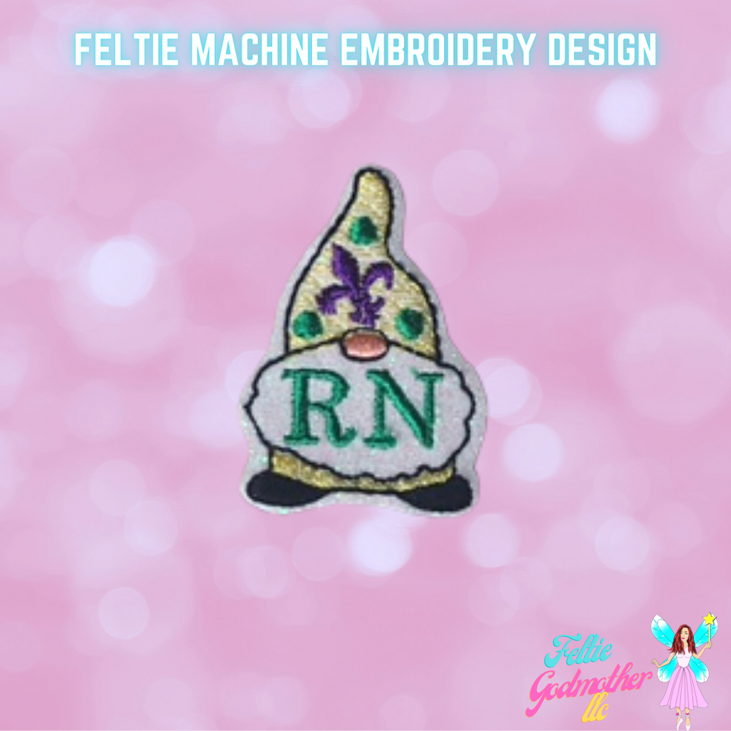 RN Registered Nurse Mardi Gras Gnome Feltie Design