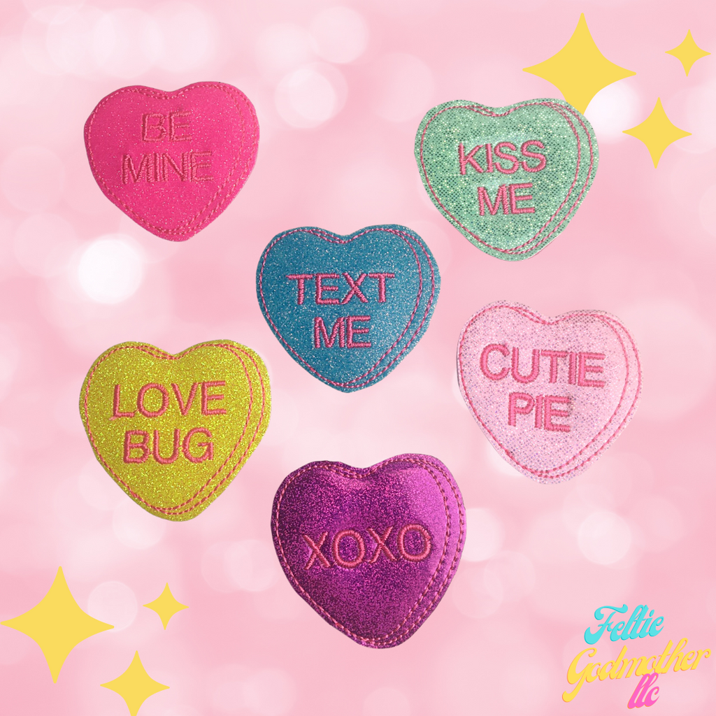 6 Feltie Pack Valentines Day Candy Hearts Designs - Feltie Godmother llc